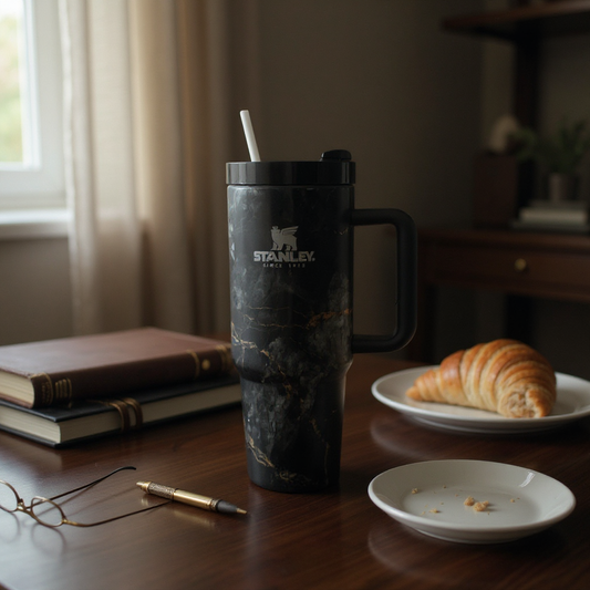 Stanley Tumbler – 40oz Black Marble Travel Mug with Handle & Straw, Insulated Stainless Steel