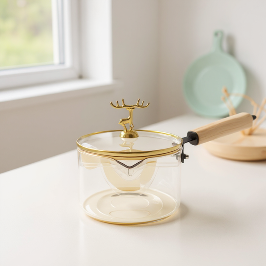Luxury Glass Saucepan with Wooden Handle & Golden Deer Lid – Heat-Resistant Cooking Pot