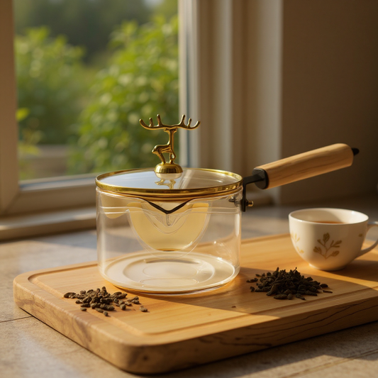 Luxury Glass Saucepan with Wooden Handle & Golden Deer Lid – Heat-Resistant Cooking Pot