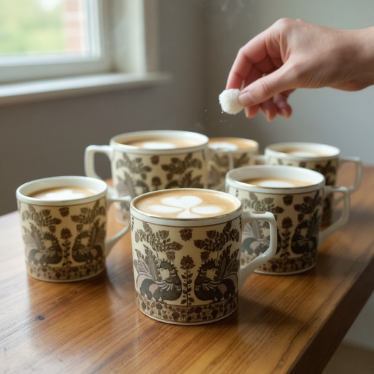 Set of 6 Handcrafted Ceramic Mug with Folk Art Peacock Design – Vintage Boho Coffee & Tea Cups