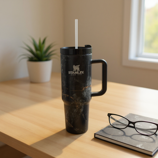 Stanley Tumbler – 40oz Black Marble Travel Mug with Handle & Straw, Insulated Stainless Steel