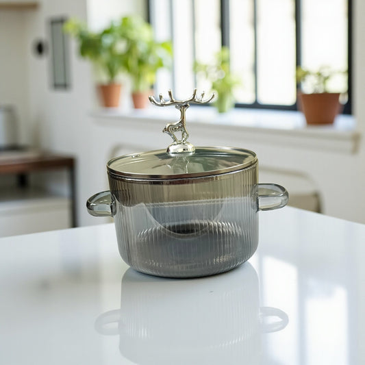 Ribbed Glass Cooking Pot with Silver Deer Lid – Heat-Resistant Luxury Casserole Dish