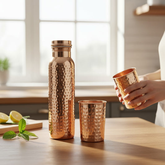 Hammered Copper Water Bottle with 2 Glasses – Ayurvedic Health Benefits & Traditional Drinkware Set