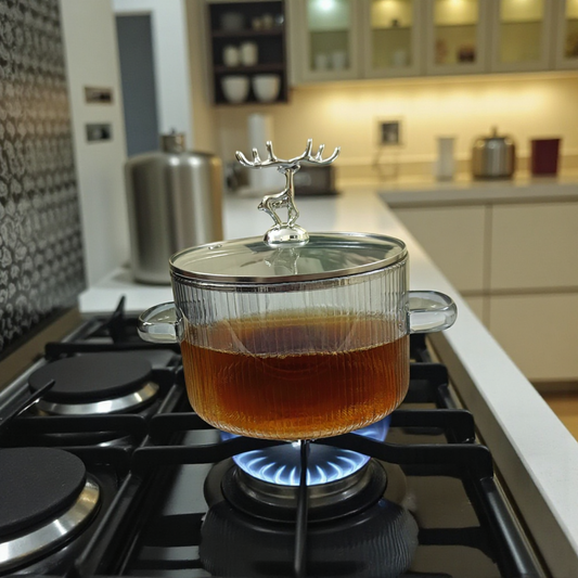 Ribbed Glass Cooking Pot with Silver Deer Lid – Heat-Resistant Luxury Casserole Dish